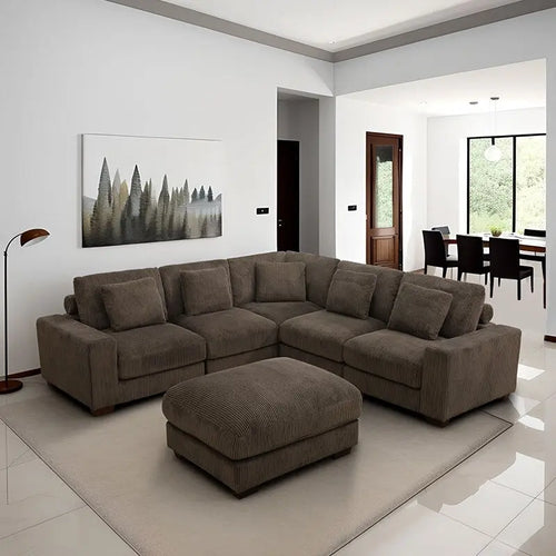 97 Brown Corduroy Upholstered L-Shaped Corner Sectional Sofa with Ottoman