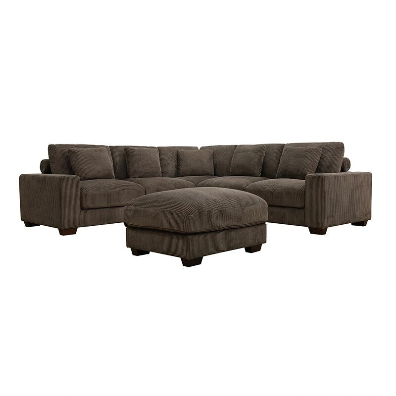 97 Brown Corduroy Upholstered L-Shaped Corner Sectional Sofa with Ottoman