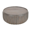 Alisha 36 Inch Coffee Table, Handcrafted Drum Shape with Ribbed Edges, Gray Mango Wood