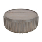 Alisha 36 Inch Coffee Table, Handcrafted Drum Shape with Ribbed Edges, Gray Mango Wood