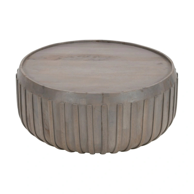 Alisha 36 Inch Coffee Table, Handcrafted Drum Shape with Ribbed Edges, Gray Mango Wood