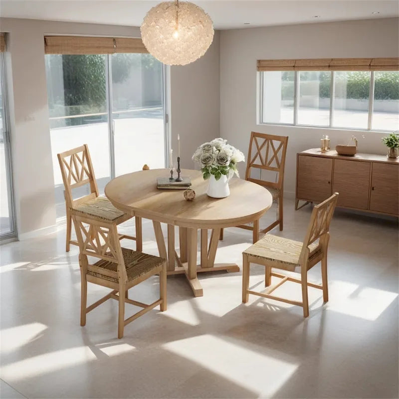 Extendable Dining Table Set Round Trestle Table and 4 Dining Chairs