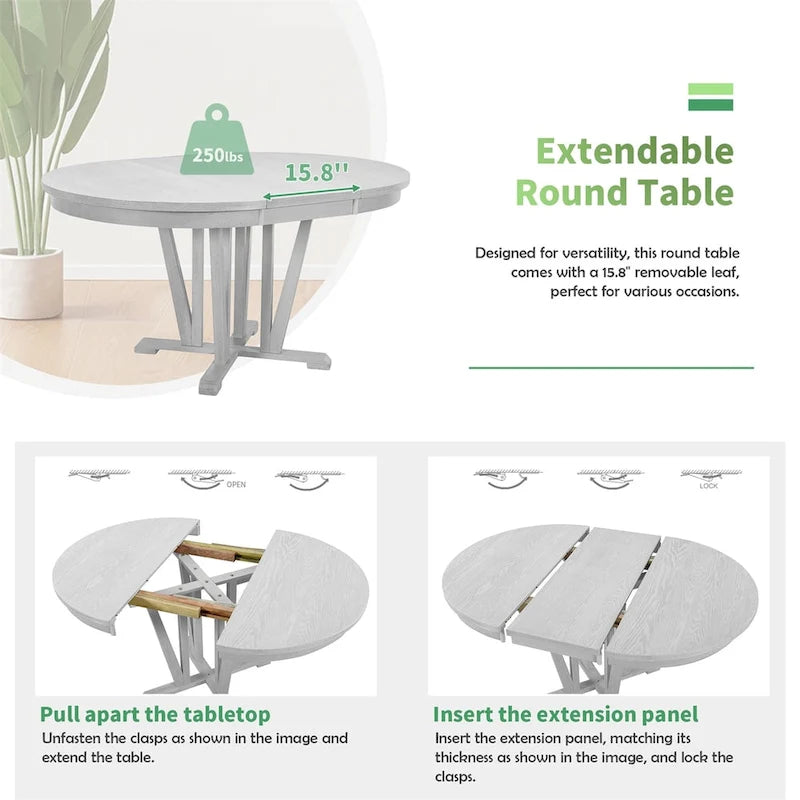 Extendable Dining Table Set Round Trestle Table and 4 Dining Chairs