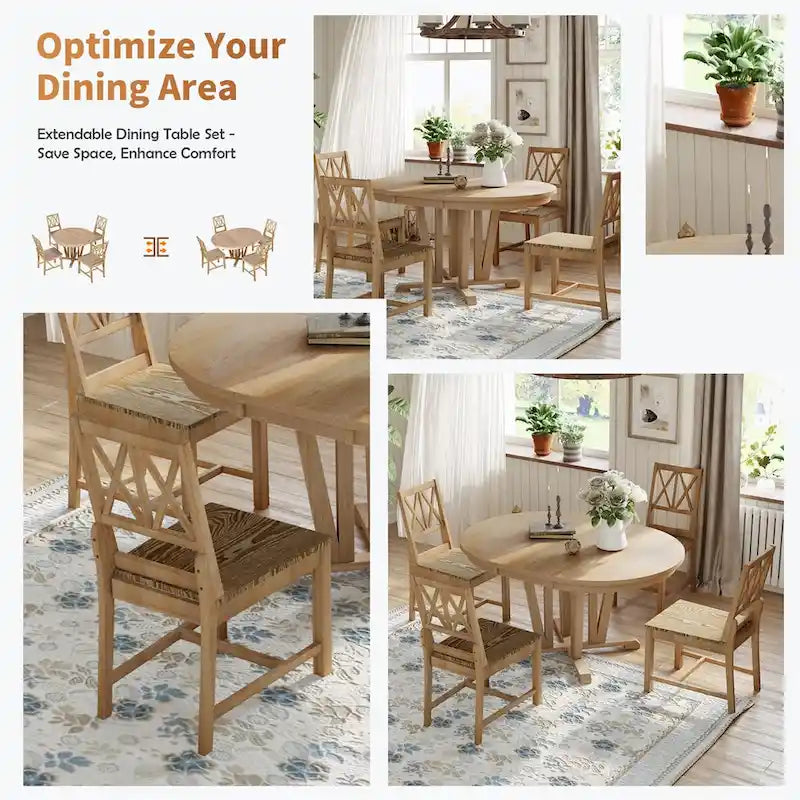 Extendable Dining Table Set Round Trestle Table and 4 Dining Chairs