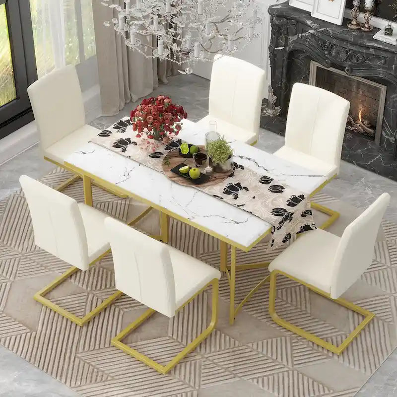 7-Piece Modern Dining Table Set, Rectangular Marble Sticker Table and 6 Chairs with Golden Steel Legs