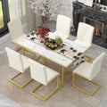 7-Piece Modern Dining Table Set, Rectangular Marble Sticker Table and 6 Chairs with Golden Steel Legs