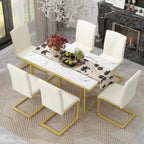 7-Piece Modern Dining Table Set, Rectangular Marble Sticker Table and 6 Chairs with Golden Steel Legs