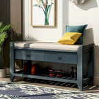 Shoe Rack with Cushioned Seat and Drawers, Multipurpose Storage Bench, Antique Navy - 39L x 14W x 19.8H