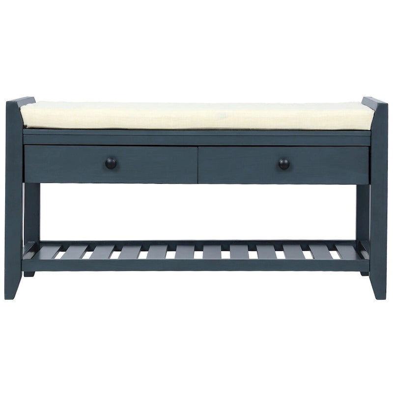 Shoe Rack with Cushioned Seat and Drawers, Multipurpose Storage Bench, Antique Navy - 39L x 14W x 19.8H