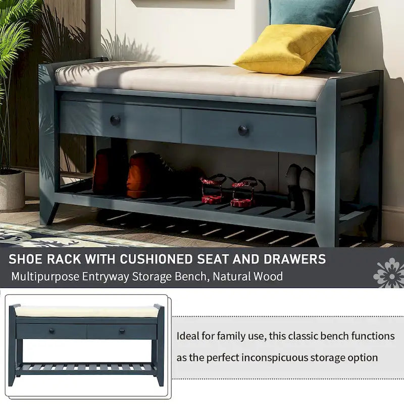 Shoe Rack with Cushioned Seat and Drawers, Multipurpose Storage Bench, Antique Navy - 39L x 14W x 19.8H