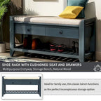 Shoe Rack with Cushioned Seat and Drawers, Multipurpose Storage Bench, Antique Navy - 39L x 14W x 19.8H
