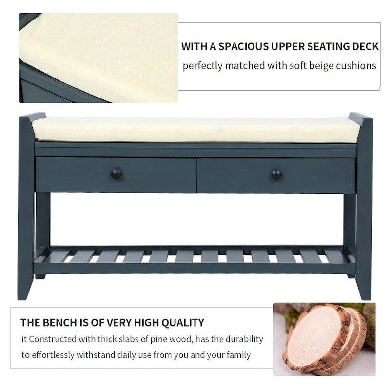 Shoe Rack with Cushioned Seat and Drawers, Multipurpose Storage Bench, Antique Navy - 39L x 14W x 19.8H