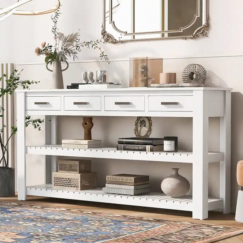 Entryway Console End Table with 4 Drawers and 2 Shelves for Hallway, Living Rooms