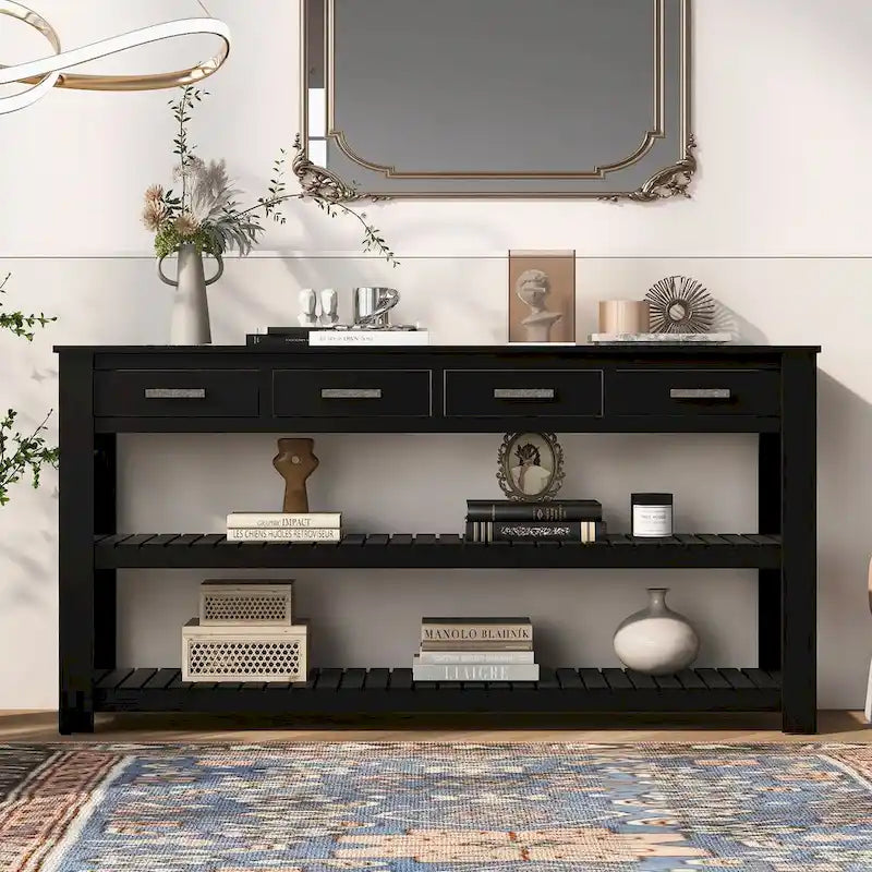 Entryway Console End Table with 4 Drawers and 2 Shelves for Hallway, Living Rooms