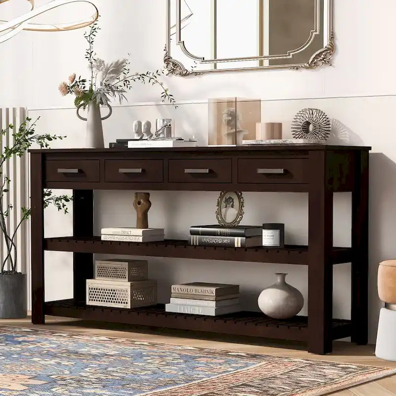 Entryway Console End Table with 4 Drawers and 2 Shelves for Hallway, Living Rooms