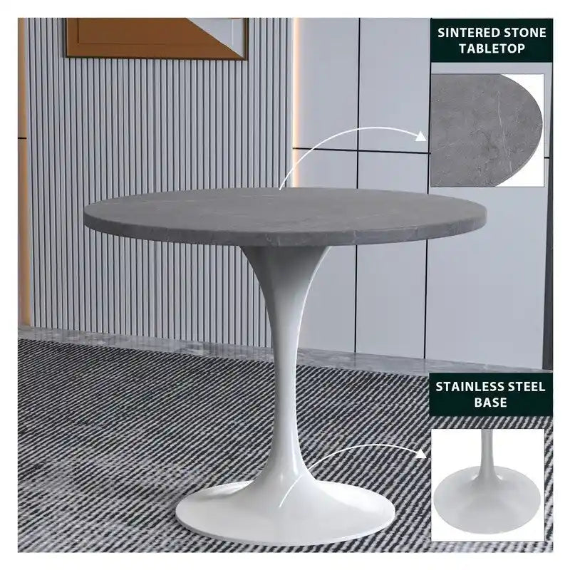 Verve Dining Table with a 36 Round Tabletop in White Steel Pedestal