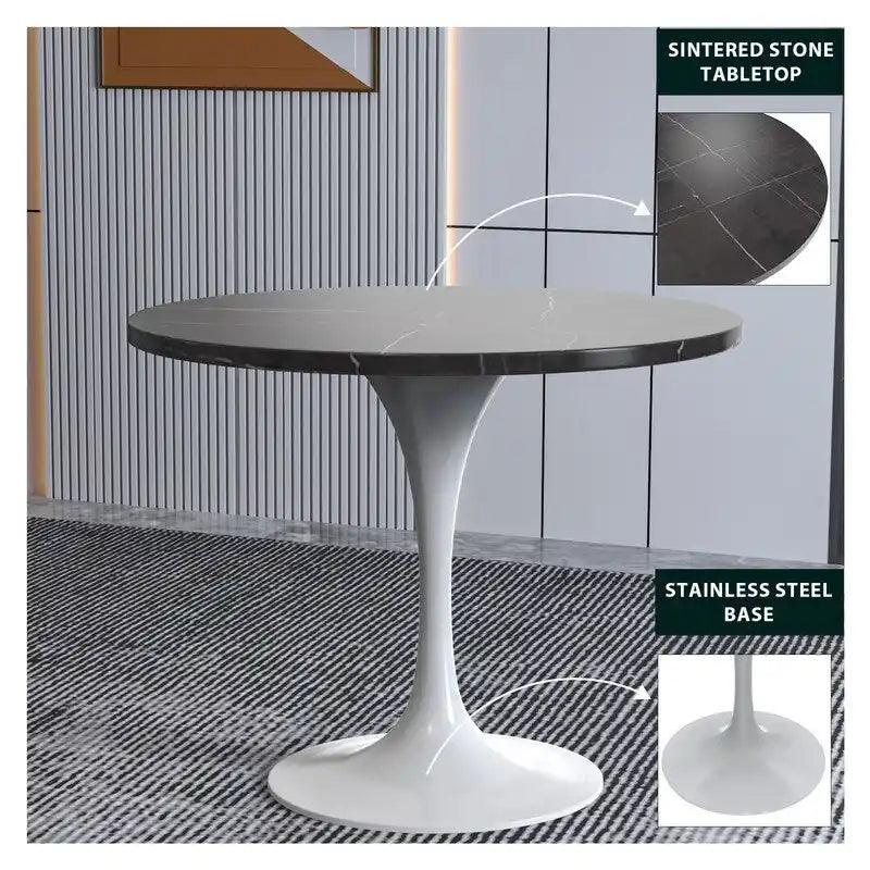 Verve Dining Table with a 36 Round Tabletop in White Steel Pedestal