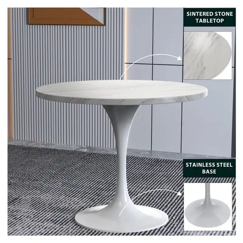 Verve Dining Table with a 36 Round Tabletop in White Steel Pedestal