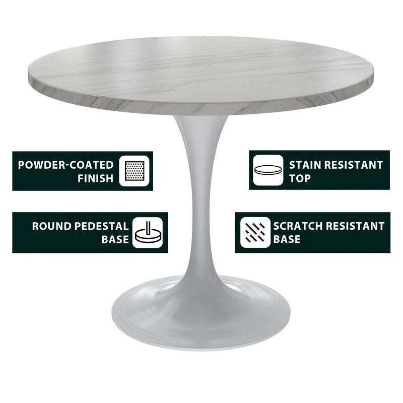 Verve Dining Table with a 36 Round Tabletop in White Steel Pedestal