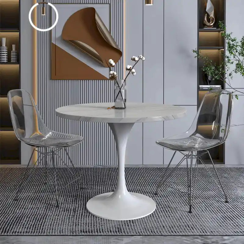 Verve Dining Table with a 36 Round Tabletop in White Steel Pedestal