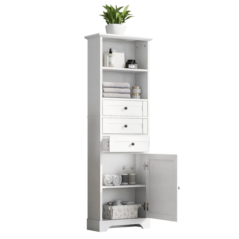 10 in. W x 22 in. D x 68.3 in. H White MDF Linen Cabinet with 3 Drawers and Adjustable Shelves