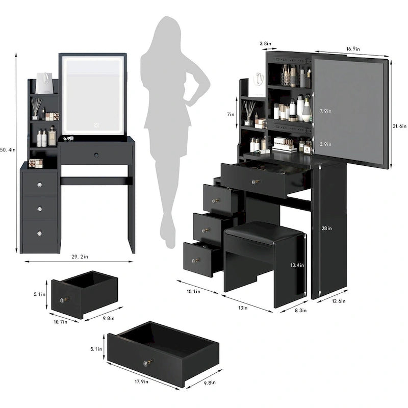 Small Space Vanity Table with Cushioned Stool