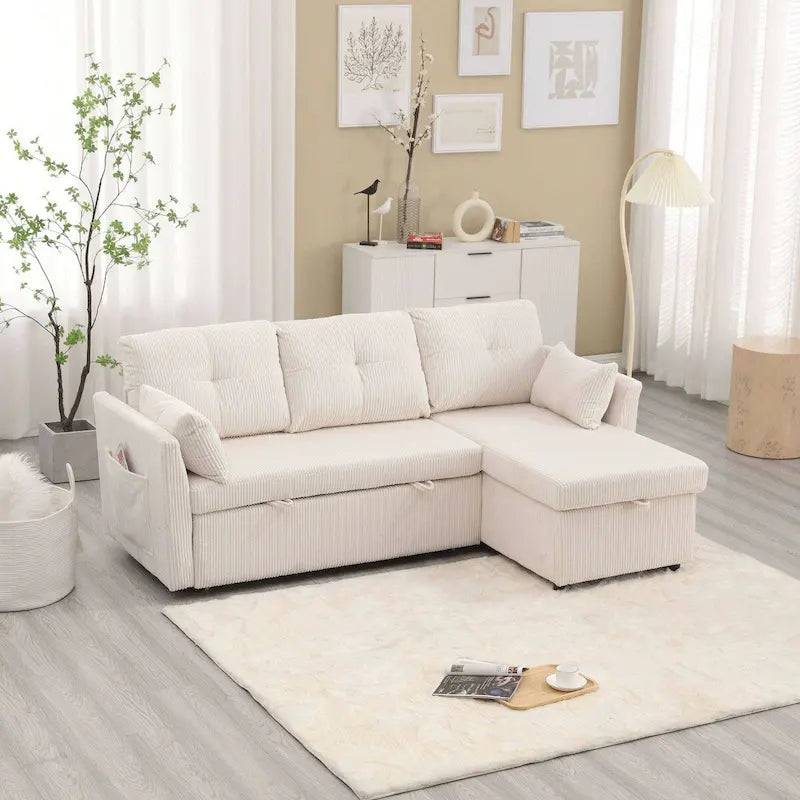 The L-shaped storage seat assembly sofa folds into a recliner