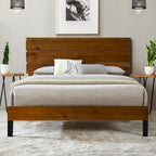Mid-Century Modern Solid Wood Bed Frame Platform Bed with 3-Piece Headboard Design