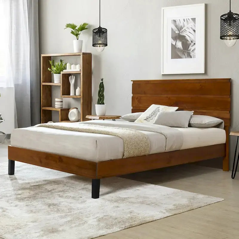 Mid-Century Modern Solid Wood Bed Frame Platform Bed with 3-Piece Headboard Design