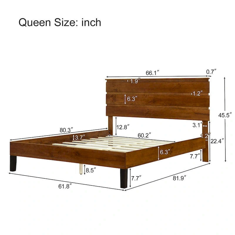 Mid-Century Modern Solid Wood Bed Frame Platform Bed with 3-Piece Headboard Design