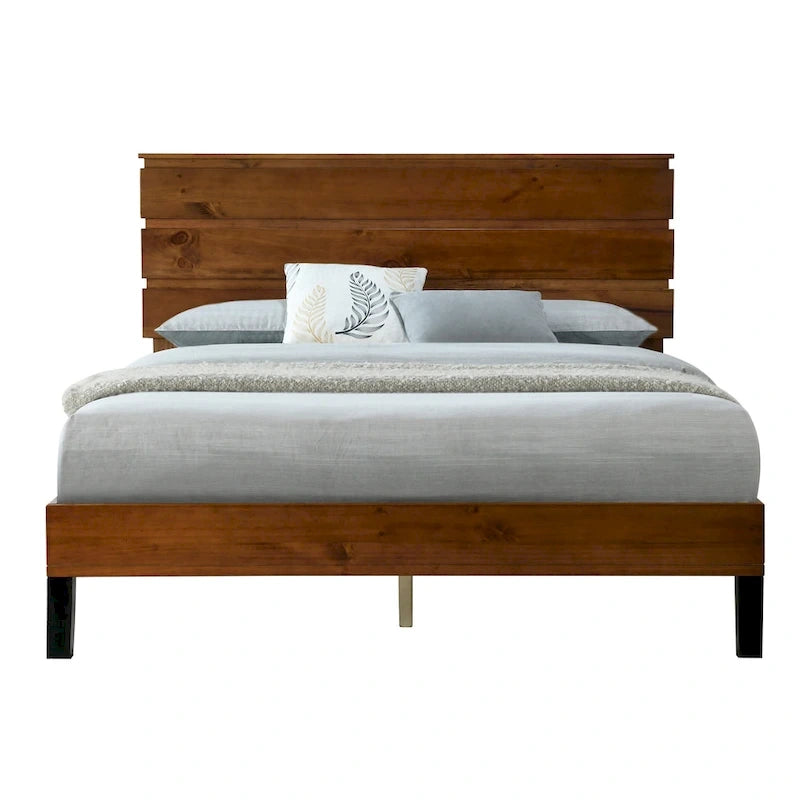 Mid-Century Modern Solid Wood Bed Frame Platform Bed with 3-Piece Headboard Design