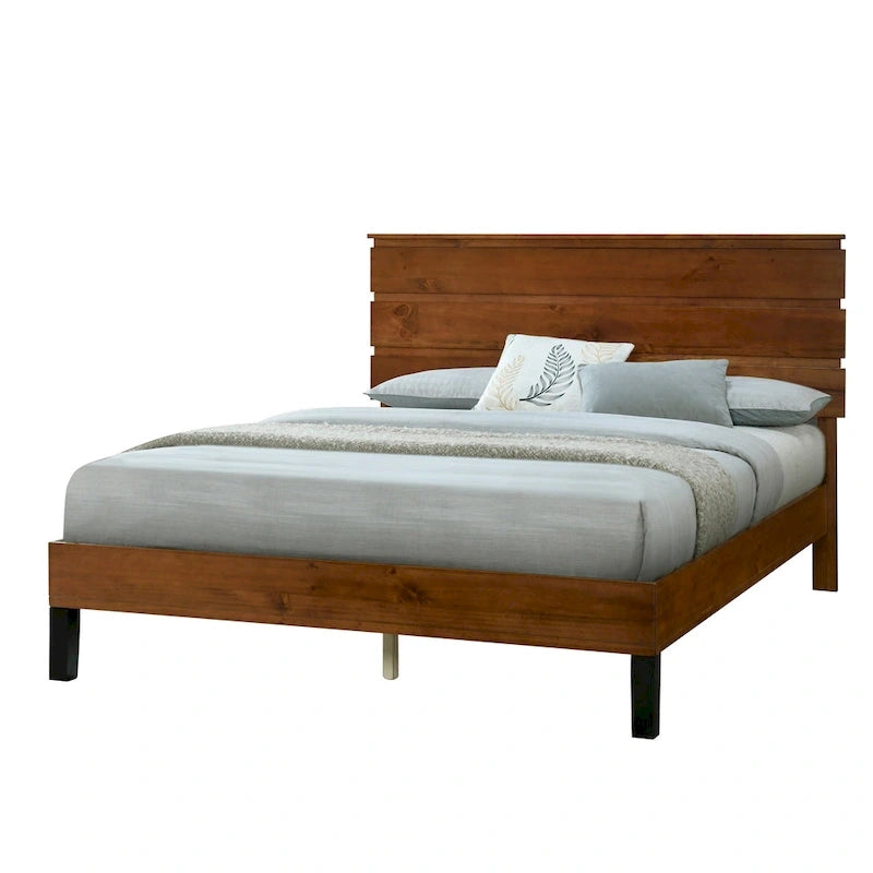 Mid-Century Modern Solid Wood Bed Frame Platform Bed with 3-Piece Headboard Design
