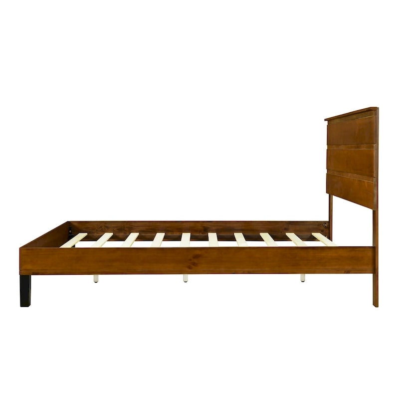 Mid-Century Modern Solid Wood Bed Frame Platform Bed with 3-Piece Headboard Design