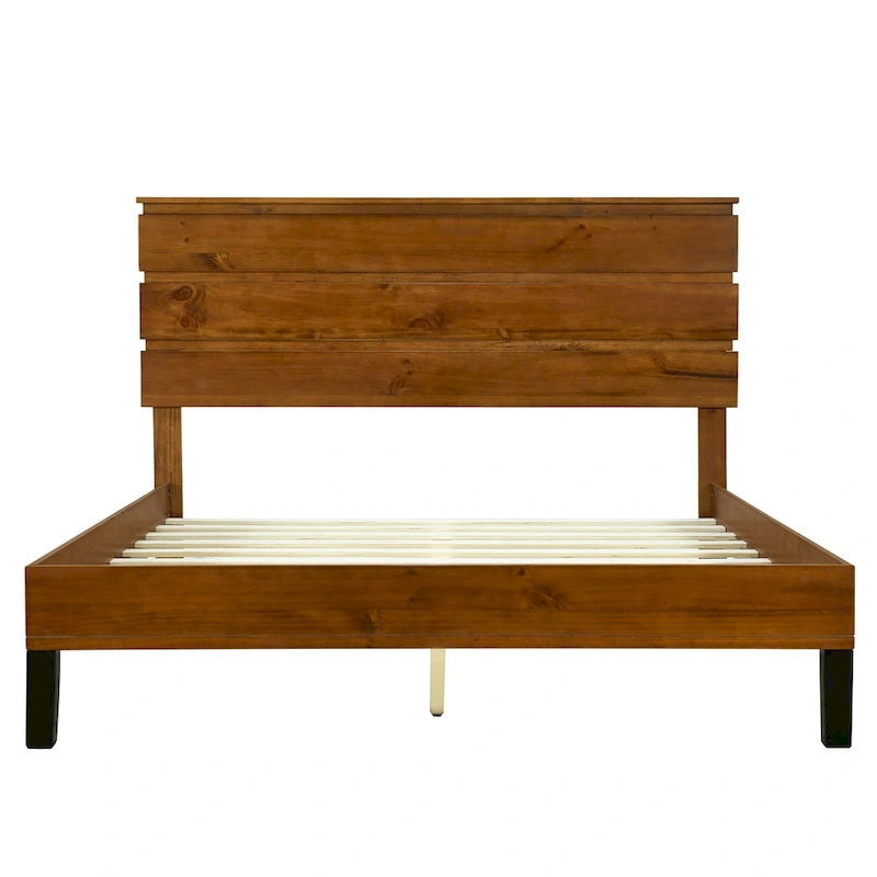 Mid-Century Modern Solid Wood Bed Frame Platform Bed with 3-Piece Headboard Design