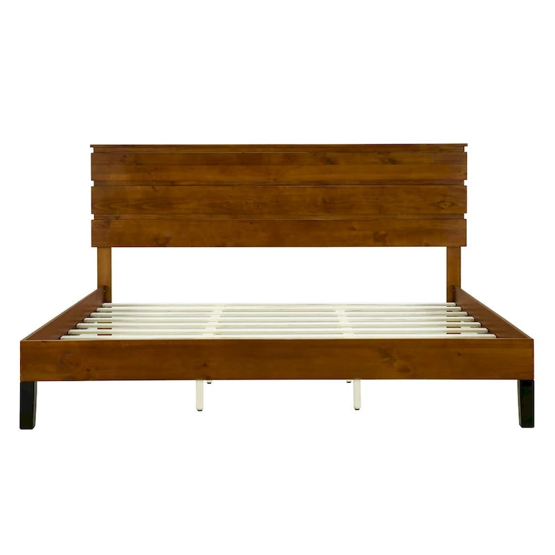 Mid-Century Modern Solid Wood Bed Frame Platform Bed with 3-Piece Headboard Design