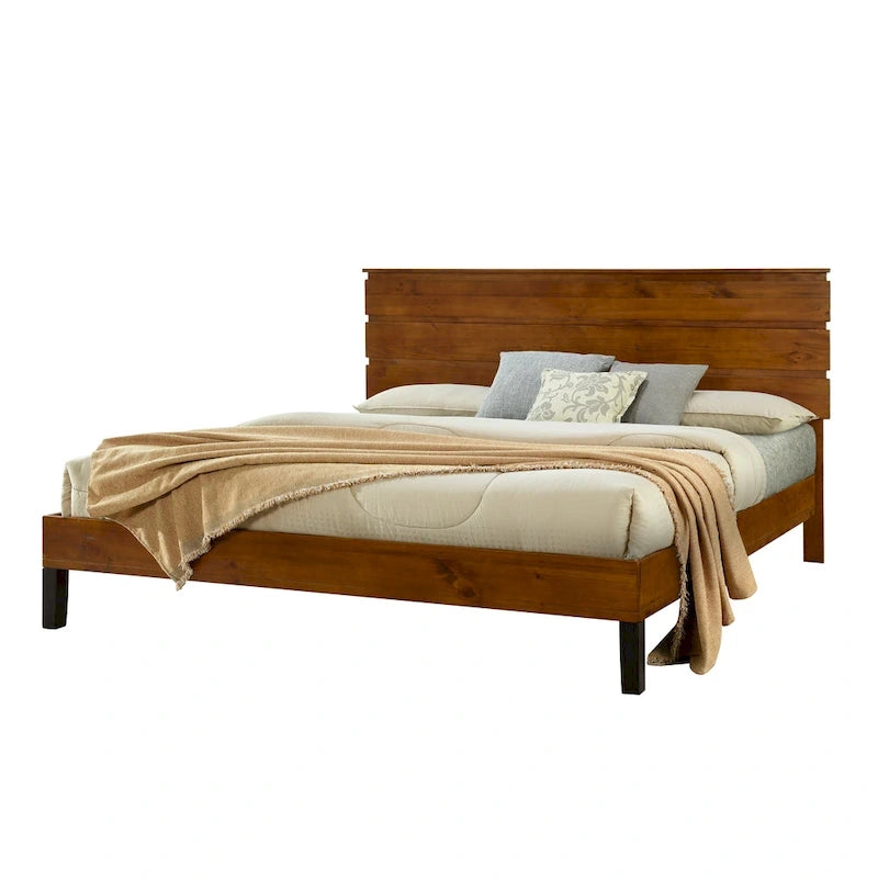 Mid-Century Modern Solid Wood Bed Frame Platform Bed with 3-Piece Headboard Design