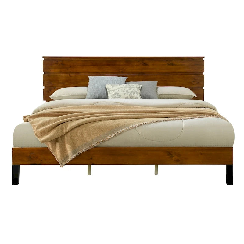 Mid-Century Modern Solid Wood Bed Frame Platform Bed with 3-Piece Headboard Design
