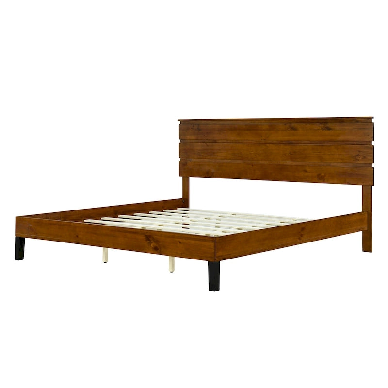 Mid-Century Modern Solid Wood Bed Frame Platform Bed with 3-Piece Headboard Design