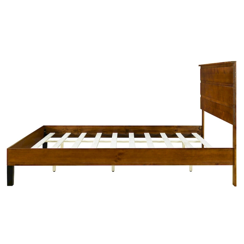 Mid-Century Modern Solid Wood Bed Frame Platform Bed with 3-Piece Headboard Design